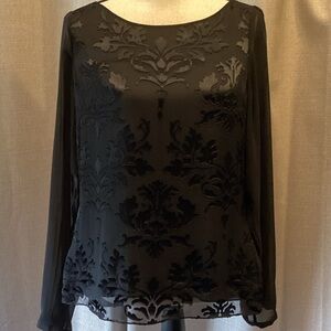 White House Black Market Black Velvet Burnout Long-Sleeve Blouse, size 8.